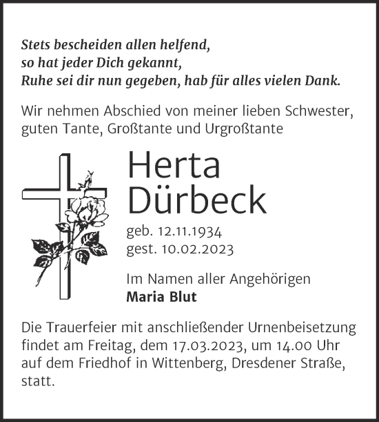 Traueranzeige von Herta Dürbeck von Trauerkombi Wittenberg