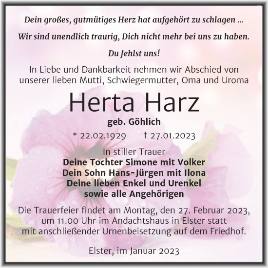 Traueranzeige von Herta Harz von Trauerkombi Wittenberg