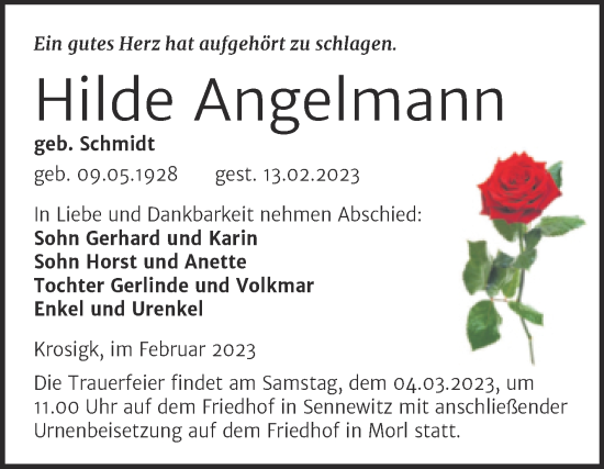 Traueranzeige von Hilde Angelmann von Mitteldeutsche Zeitung Halle/Saalkreis