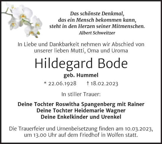 Traueranzeige von Hildegard Bode von Trauerkombi Bitterfeld