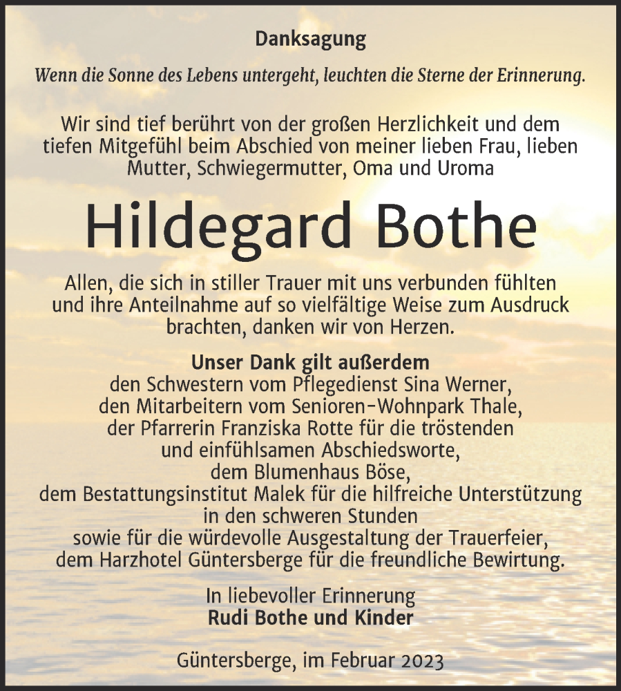  Traueranzeige für Hildegard Bothe vom 11.02.2023 aus Trauerkombi Quedlinburg