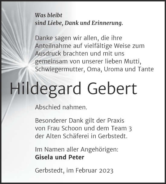 Traueranzeige von Hildegard Gebert von Trauerkombi Mansfelder Land