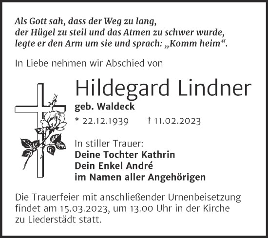 Traueranzeige von Hildegard Lindner von Trauerkombi Merseburg