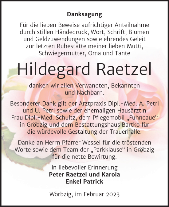 Traueranzeige von Hildegard Raetzel von Trauerkombi Köthen