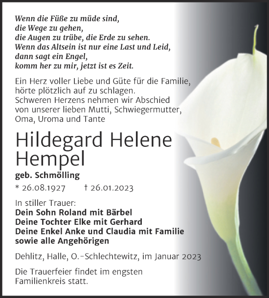 Traueranzeige von Hildegard Helene Hempel von Trauerkombi Weißenfels