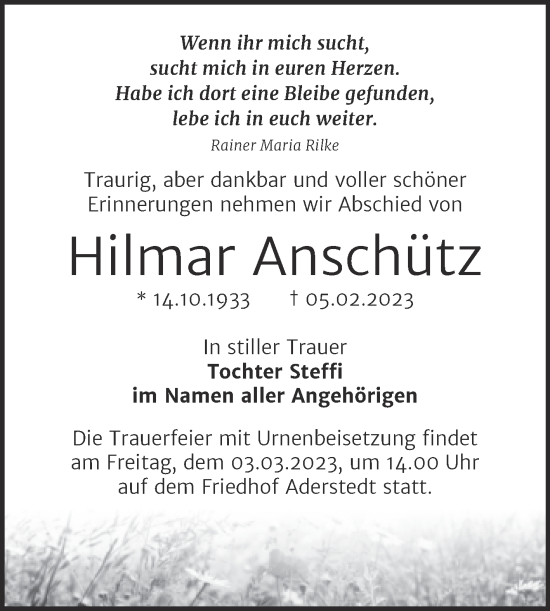 Traueranzeige von Hilmar Anschütz von Trauerkombi Bernburg