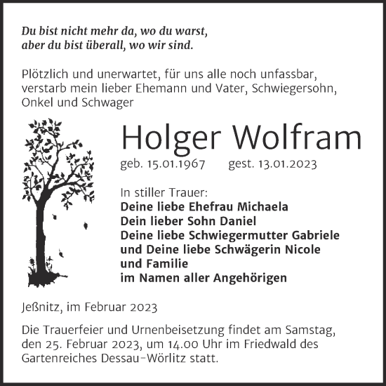 Traueranzeige von Holger Wolfram von Trauerkombi Bitterfeld