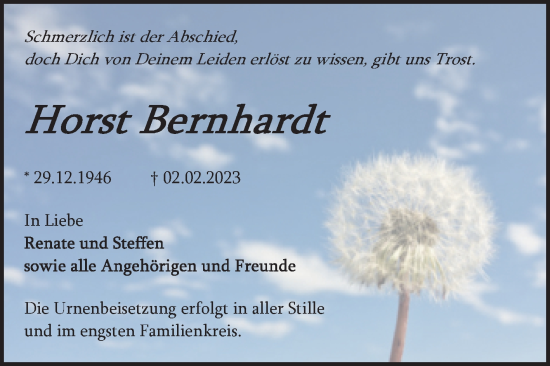 Traueranzeige von Horst Bernhardt von Trauerkombi Bitterfeld