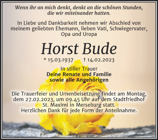 Traueranzeige von Horst Bude von Trauerkombi Merseburg