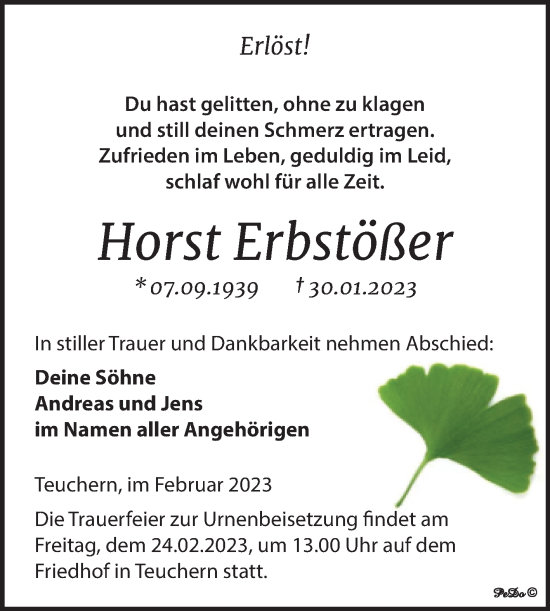Traueranzeige von Horst Erbstößer von Trauerkombi Weißenfels