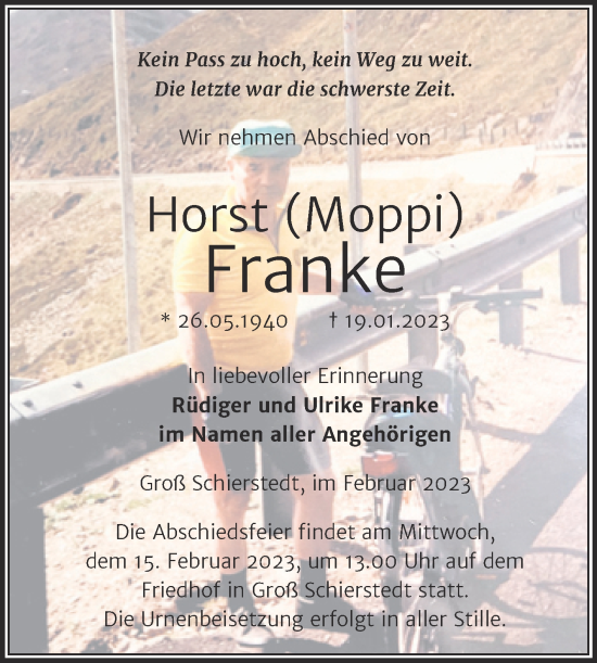 Traueranzeige von Horst Franke von Trauerkombi Aschersleben