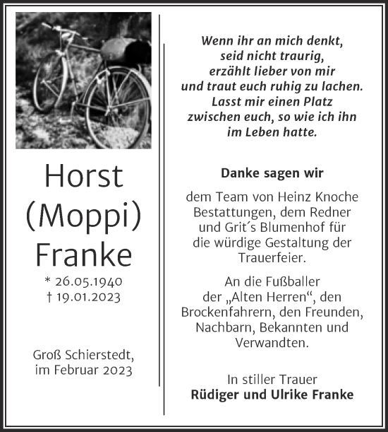 Traueranzeige von Horst Franke von Trauerkombi Aschersleben