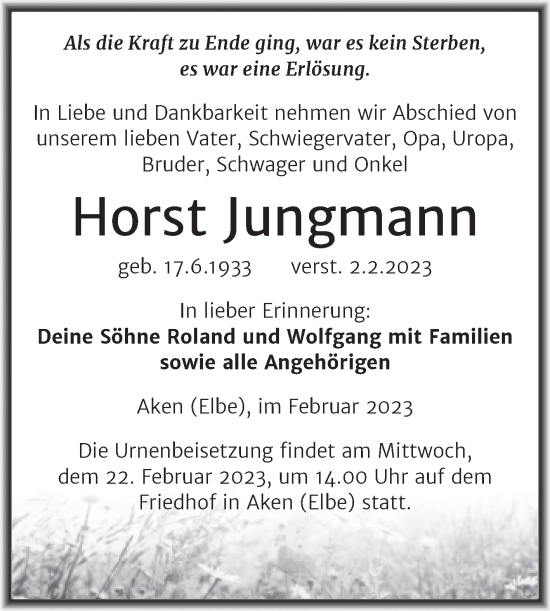 Traueranzeige von Horst Jungmann von Mitteldeutsche Zeitung Köthen