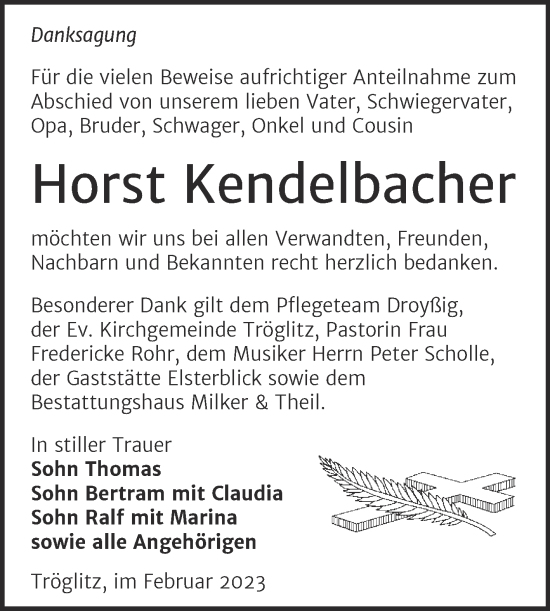 Traueranzeige von Horst Kendelbacher von Trauerkombi Zeitz