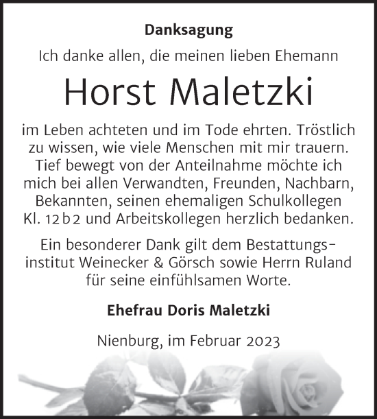 Traueranzeige von Horst Maletzki von Trauerkombi Bernburg
