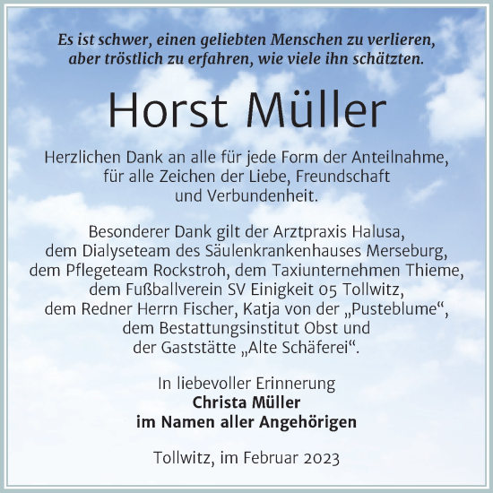 Traueranzeige von Horst Müller von Trauerkombi Merseburg