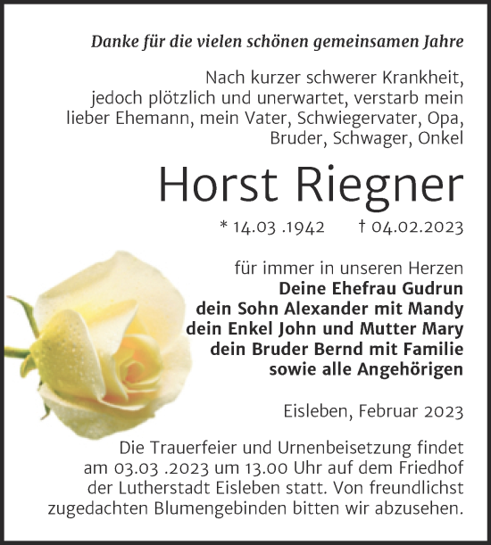 Traueranzeige von Horst Riegner von Trauerkombi Mansfelder Land