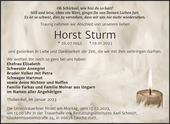 Traueranzeige von Horst Sturm von Wochenspiegel Naumburg/Nebra