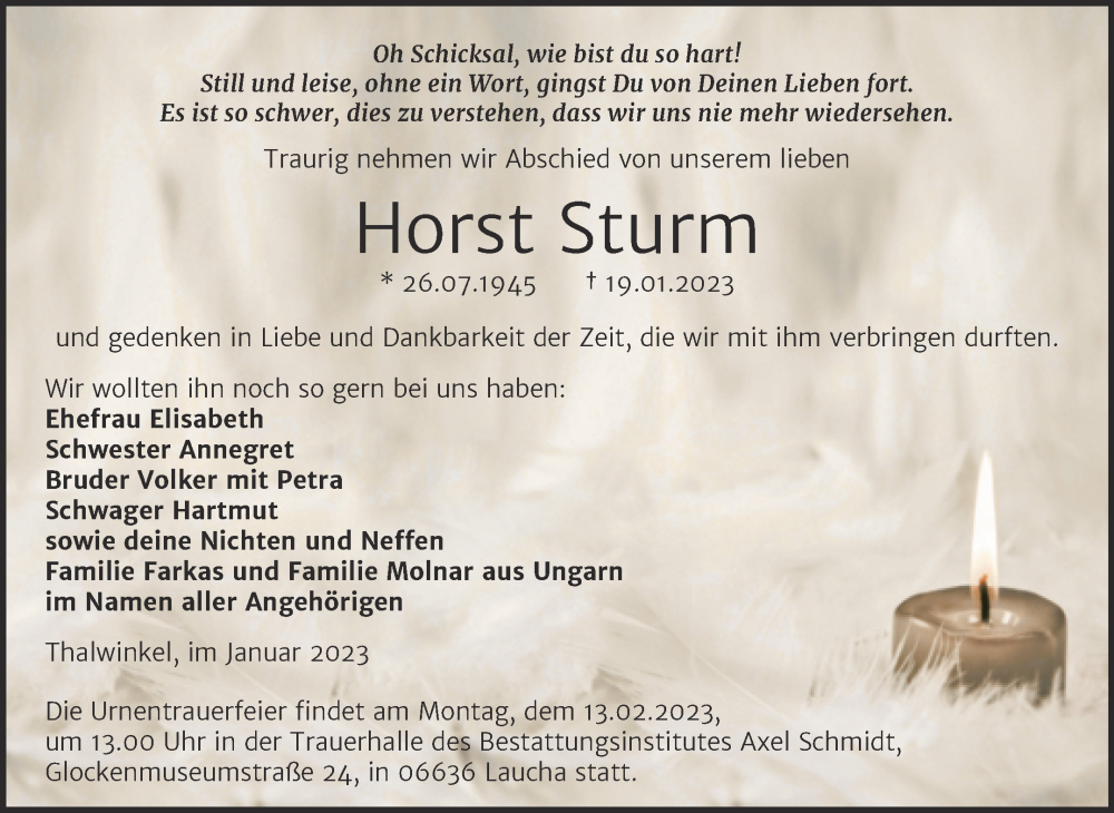  Traueranzeige für Horst Sturm vom 01.02.2023 aus Wochenspiegel Naumburg/Nebra