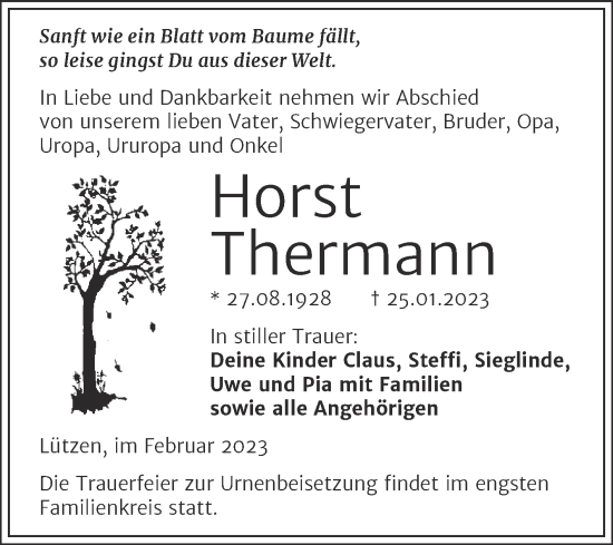 Traueranzeige von Horst Thermann von Trauerkombi Weißenfels