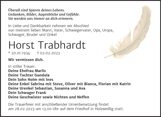 Traueranzeige von Horst Trabhardt von Trauerkombi Bitterfeld