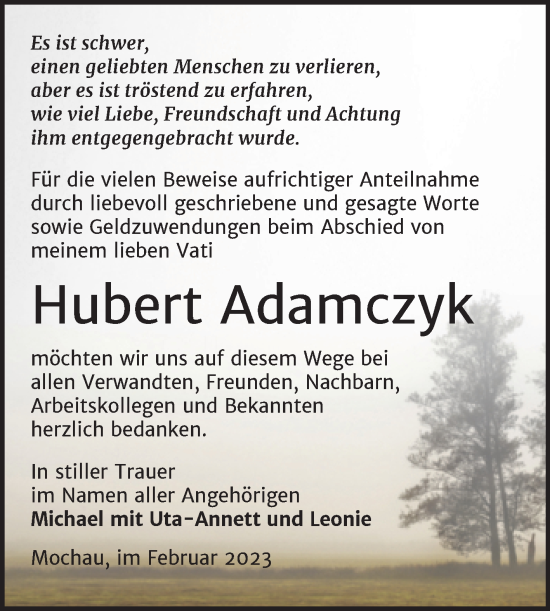 Traueranzeige von Hubert Adamczyk von Trauerkombi Wittenberg