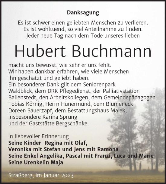 Traueranzeige von Hubert Buchmann von Trauerkombi Quedlinburg
