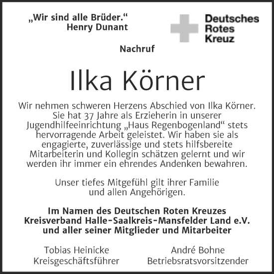 Traueranzeige von Ilka Körner von Mitteldeutsche Zeitung Halle/Saalkreis