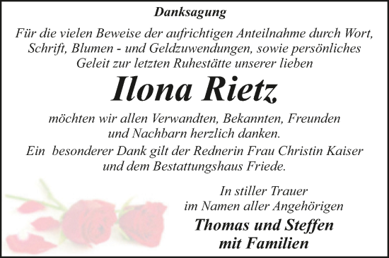 Traueranzeige von Ilona Rietz von Trauerkombi Dessau