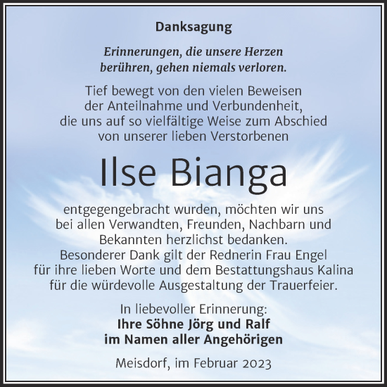 Traueranzeige von Ilse Bianga von Trauerkombi Quedlinburg