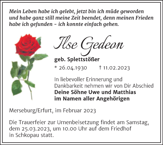 Traueranzeige von Ilse Gedeon von Trauerkombi Merseburg