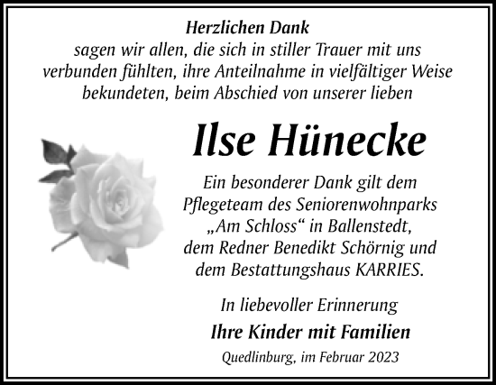 Traueranzeige von Ilse Hünecke von Trauerkombi Quedlinburg