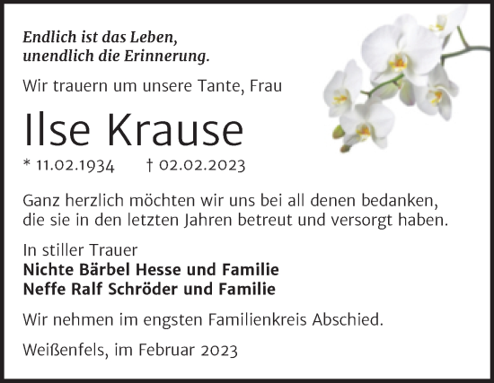 Traueranzeige von Ilse Krause von Trauerkombi Weißenfels