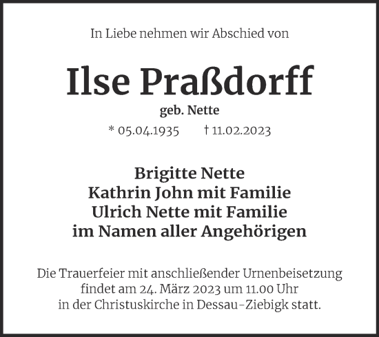 Traueranzeige von Ilse Praßdorff von Mitteldeutsche Zeitung Dessau-Roßlau