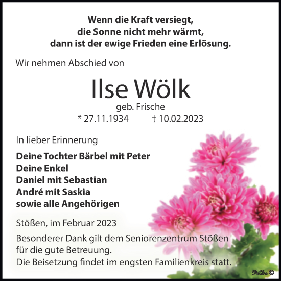 Traueranzeige von Ilse Wölk von Trauerkombi Zeitz
