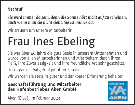 Traueranzeige von Ines Ebeling von Mitteldeutsche Zeitung Köthen