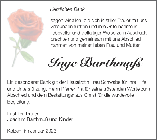 Traueranzeige von Inge Barthmuß von Trauerkombi Weißenfels