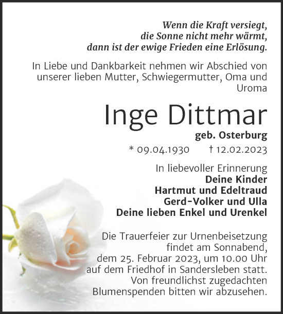 Traueranzeige von Inge Dittmar von Trauerkombi Mansfelder Land