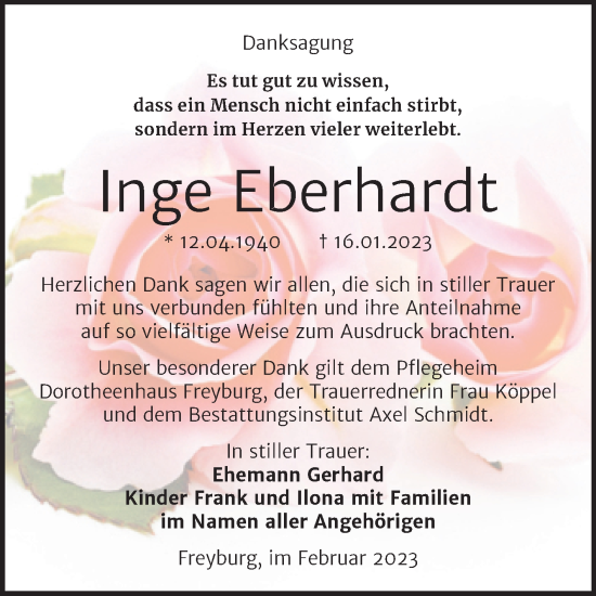 Traueranzeige von Inge Eberhardt von Wochenspiegel Naumburg/Nebra