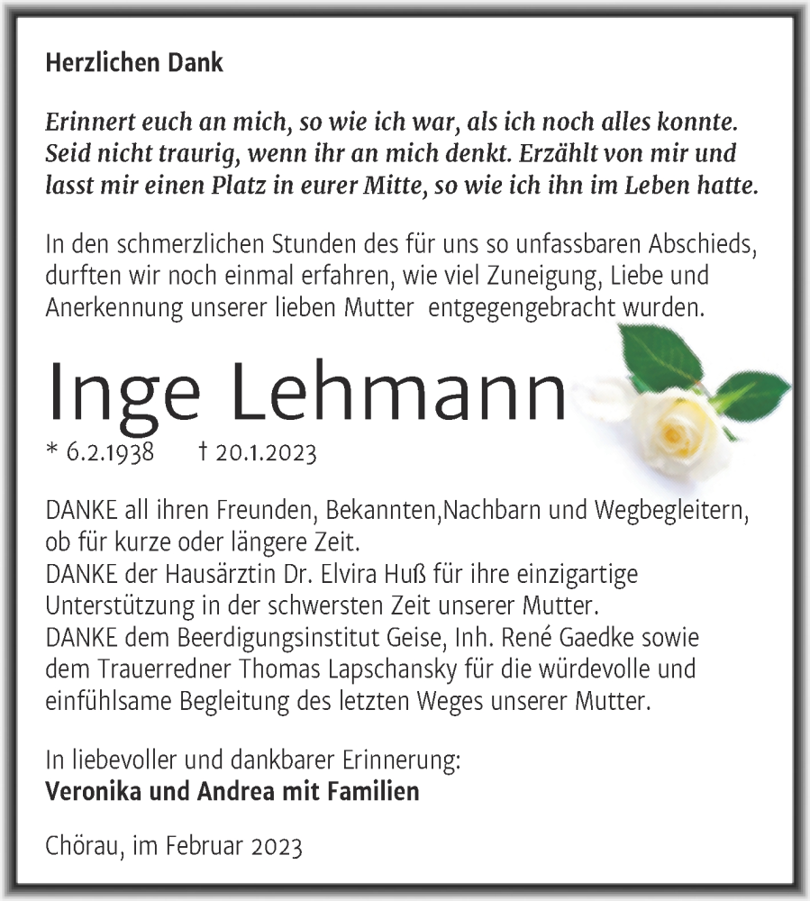  Traueranzeige für Inge Lehmann vom 23.02.2023 aus Trauerkombi Dessau