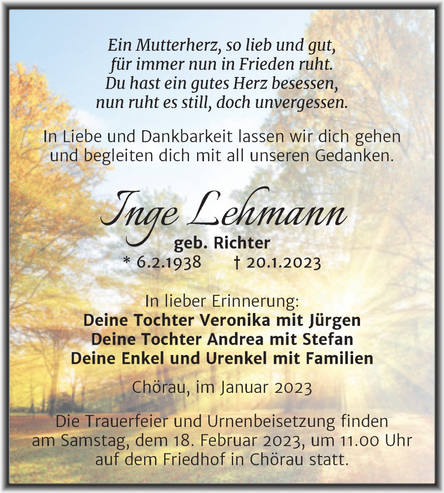  Traueranzeige für Inge Lehmann vom 08.02.2023 aus Trauerkombi Dessau