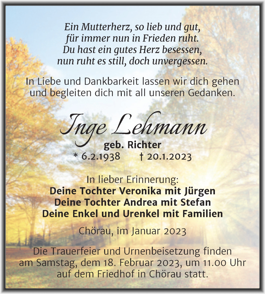  Traueranzeige für Inge Lehmann vom 11.02.2023 aus Trauerkombi Dessau