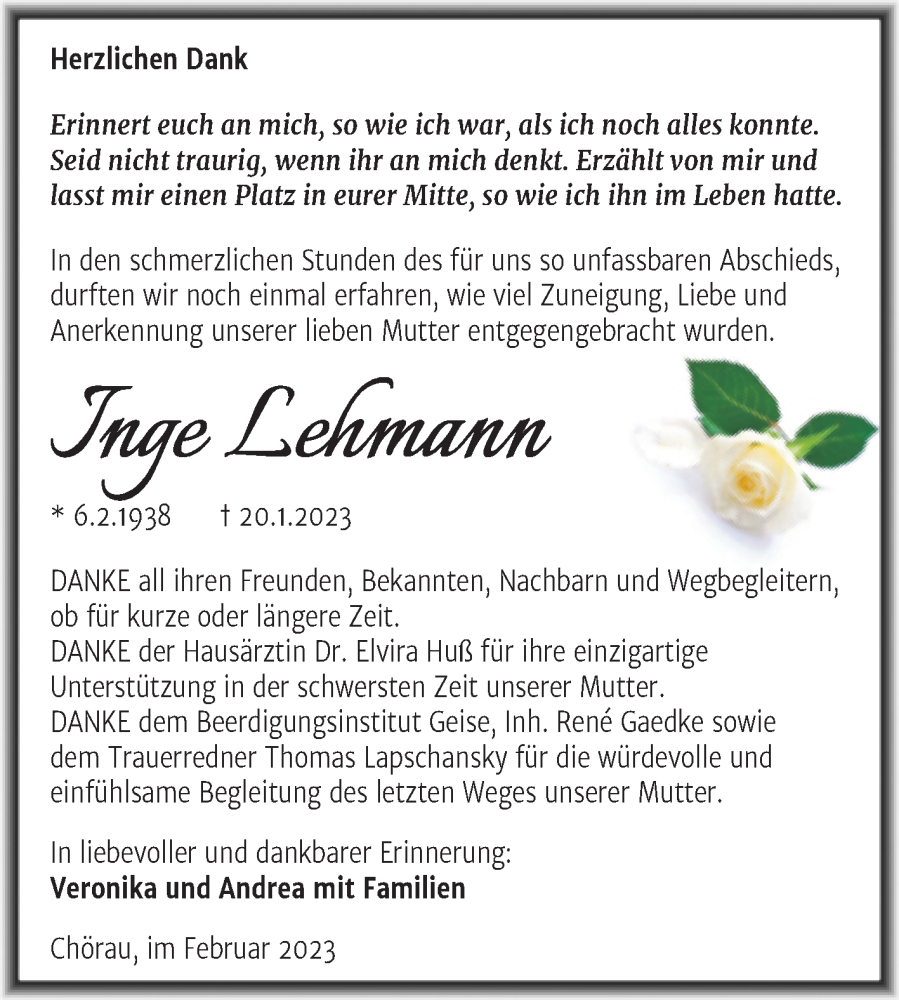  Traueranzeige für Inge Lehmann vom 25.02.2023 aus Trauerkombi Dessau
