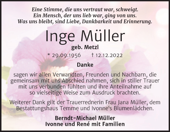 Traueranzeige von Inge Müller von Trauerkombi Bitterfeld
