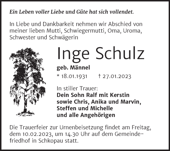 Traueranzeige von Inge Schulz von Trauerkombi Merseburg