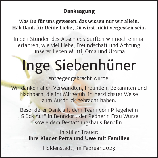 Traueranzeige von Inge Siebenhüner von Trauerkombi Sangerhausen