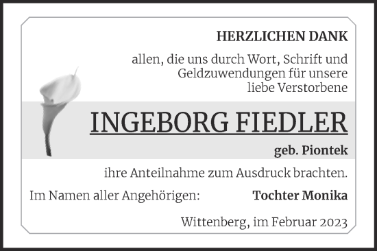 Traueranzeige von Ingeborg Fiedler von Trauerkombi Wittenberg