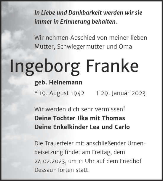 Traueranzeige von Ingeborg Franke von Trauerkombi Dessau