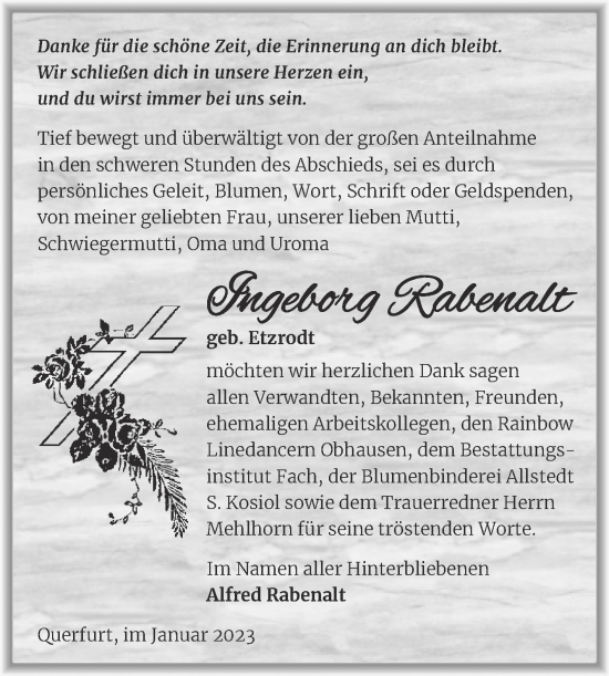 Traueranzeige von Ingeborg Rabenalt von Trauerkombi Merseburg