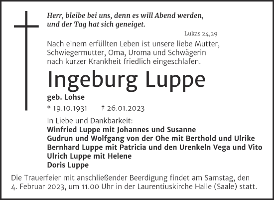 Traueranzeige von Ingeburg Luppe von Mitteldeutsche Zeitung Halle/Saalkreis